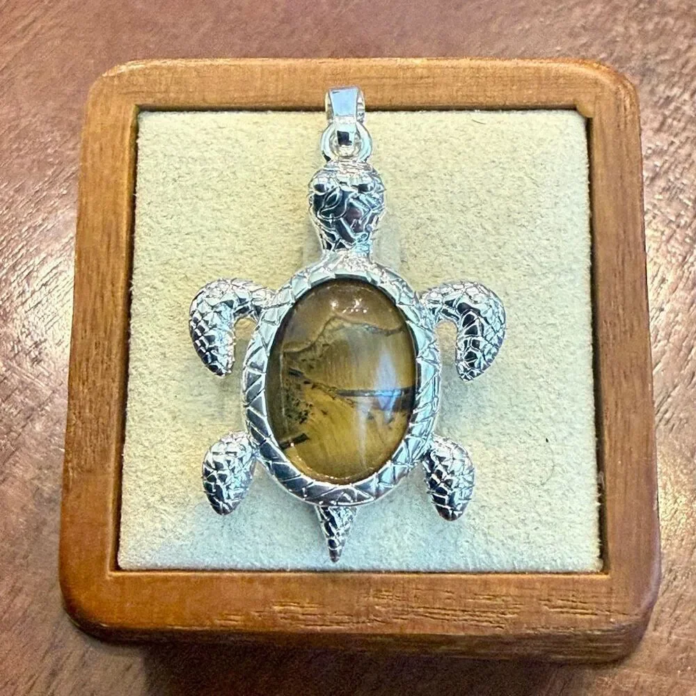 Handcrafted Silver Turtle Pendant Necklace Tiger’s Eye Gemstone Beach Theme Jewe